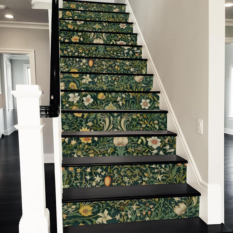 REDAMANCY William Morrise Green Leaf Vine White Flowers Damask Vintage Peel and Stick Vinyl Stair Riser Decals Staircase Tile Stickers Decor Modern Marble Decoration Self-Adhesive(14 Pcs) - Image 1