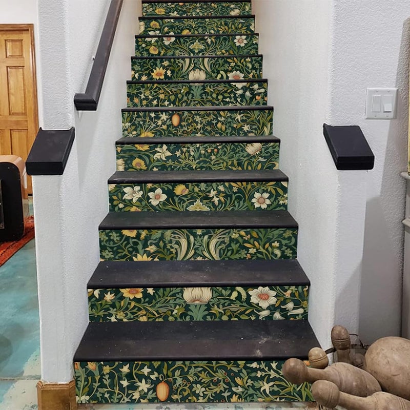 REDAMANCY William Morrise Green Leaf Vine White Flowers Damask Vintage Peel and Stick Vinyl Stair Riser Decals Staircase Tile Stickers Decor Modern Marble Decoration Self-Adhesive(14 Pcs) - Image 3
