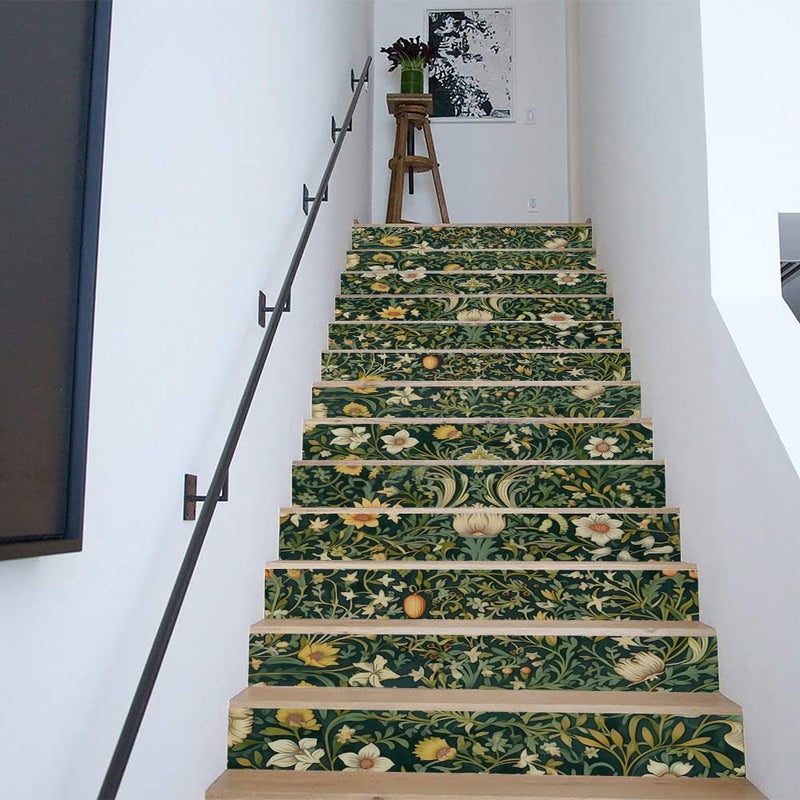 REDAMANCY William Morrise Green Leaf Vine White Flowers Damask Vintage Peel and Stick Vinyl Stair Riser Decals Staircase Tile Stickers Decor Modern Marble Decoration Self-Adhesive(14 Pcs) - Image 4