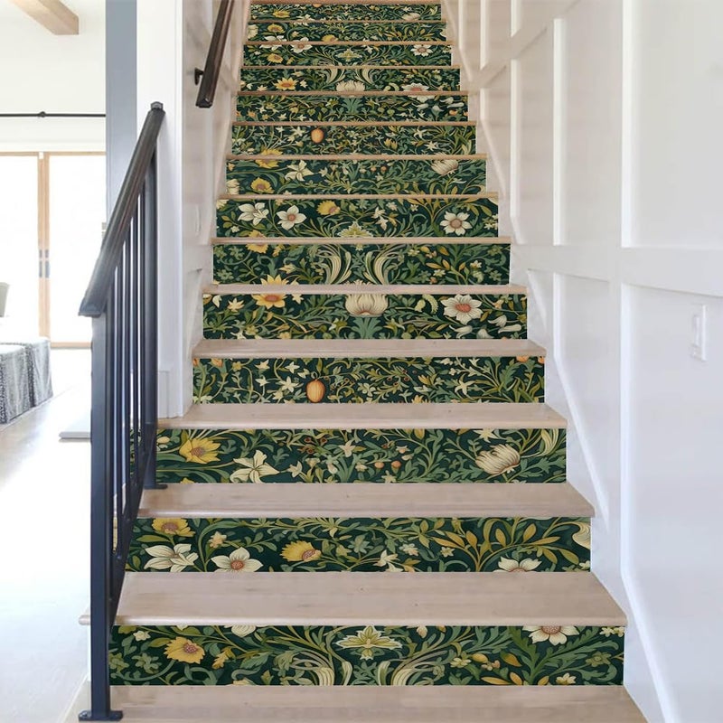 REDAMANCY William Morrise Green Leaf Vine White Flowers Damask Vintage Peel and Stick Vinyl Stair Riser Decals Staircase Tile Stickers Decor Modern Marble Decoration Self-Adhesive(14 Pcs) - Image 5