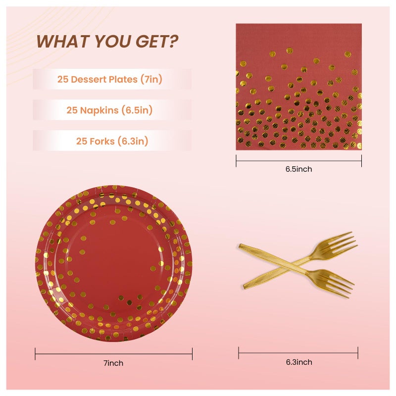 PUEVENYI 75PCS Paper Plates and Napkins Set - Red and Gold Dot Disposable Party Dinnerware Includes Paper Plates  Napkins  Forks Decorations for Graduations  Birthdays and Weddings  Serves 25 - Image 2