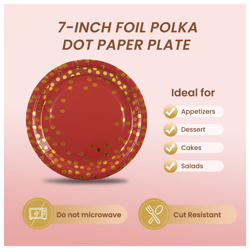 PUEVENYI 75PCS Paper Plates and Napkins Set - Red and Gold Dot Disposable Party Dinnerware Includes Paper Plates  Napkins  Forks Decorations for Graduations  Birthdays and Weddings  Serves 25 - Image 3