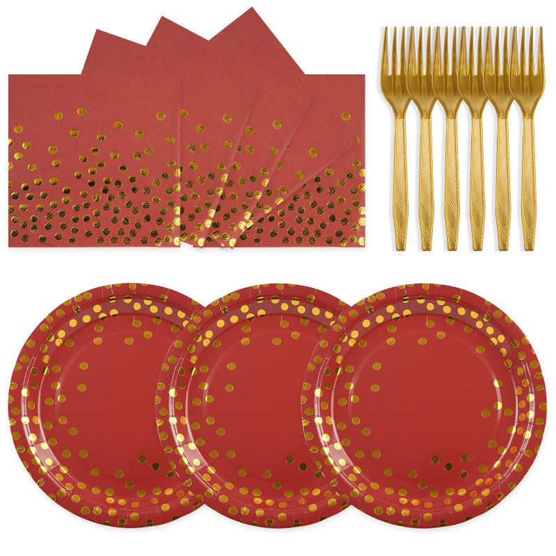 PUEVENYI 75PCS Paper Plates and Napkins Set - Red and Gold Dot Disposable Party Dinnerware Includes Paper Plates  Napkins  Forks Decorations for Graduations  Birthdays and Weddings  Serves 25 - Image 1