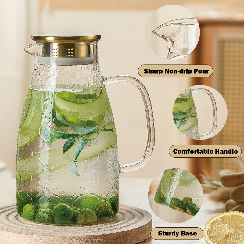 Buaic Glass Pitcher with Lid and Handle, 2 PACK 68 oz/2 Liter Vintage Flower Design Fridge Water Pitcher, Borosilicate Glass Water Carafe for Hot/Cold Water,Coffee,Iced Sun Tea,Heat Resistant - Image 3