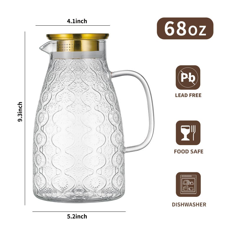 Buaic Glass Pitcher with Lid and Handle, 2 PACK 68 oz/2 Liter Vintage Flower Design Fridge Water Pitcher, Borosilicate Glass Water Carafe for Hot/Cold Water,Coffee,Iced Sun Tea,Heat Resistant - Image 2