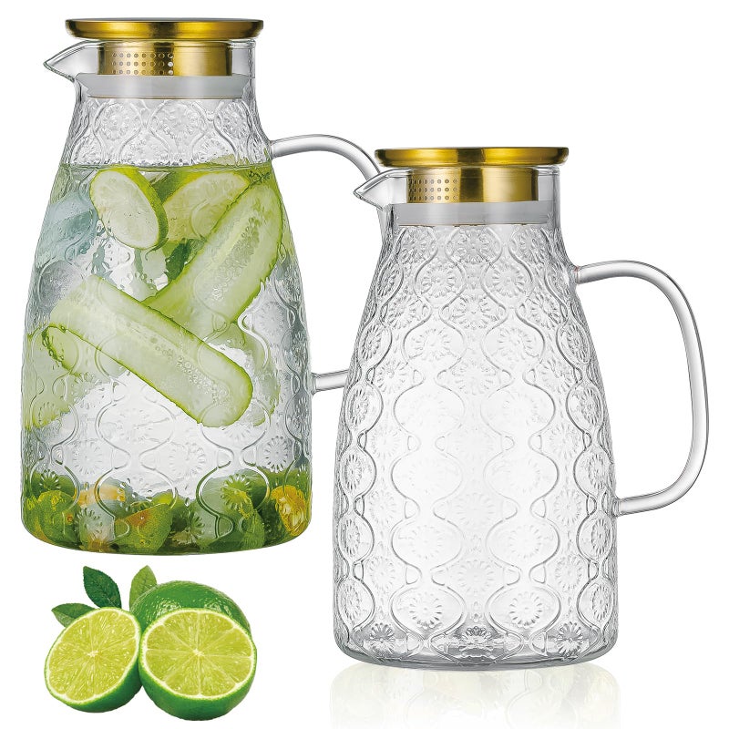 Buaic Glass Pitcher with Lid and Handle, 2 PACK 68 oz/2 Liter Vintage Flower Design Fridge Water Pitcher, Borosilicate Glass Water Carafe for Hot/Cold Water,Coffee,Iced Sun Tea,Heat Resistant - Image 1