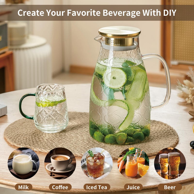 Buaic Glass Pitcher with Lid and Handle, 2 PACK 68 oz/2 Liter Vintage Flower Design Fridge Water Pitcher, Borosilicate Glass Water Carafe for Hot/Cold Water,Coffee,Iced Sun Tea,Heat Resistant - Image 5