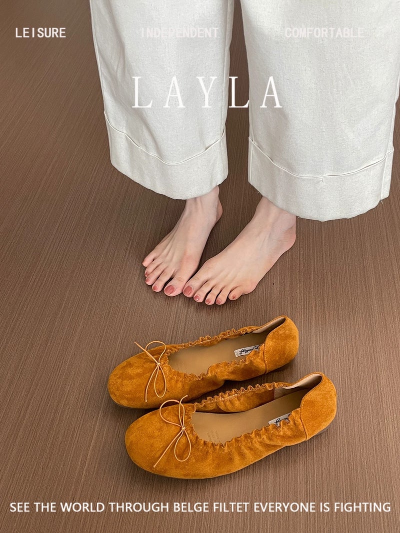 Women's Soft Sole Ballet Flats with Bow - 2026 Spring Autumn New Arrival Suede Round Toe Elegant Versatile Shoes