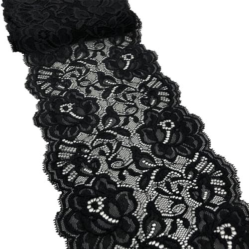 LUMKET Stretch Lace Fabric 6 Inches Wide Lace Trim Ribbon for Bridal Wedding Decorations, Sewing DIY Making and DIY Crafts- 5 Yards - 8198 (Black) - Image 1