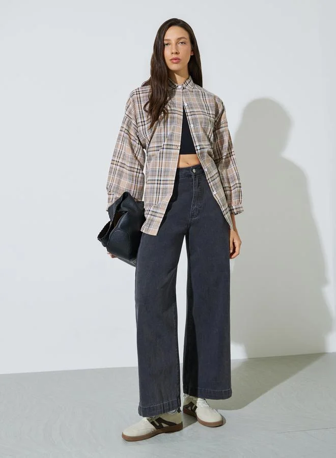 ستايلي Brown Plaid Oversized Long Sleeve Shirt