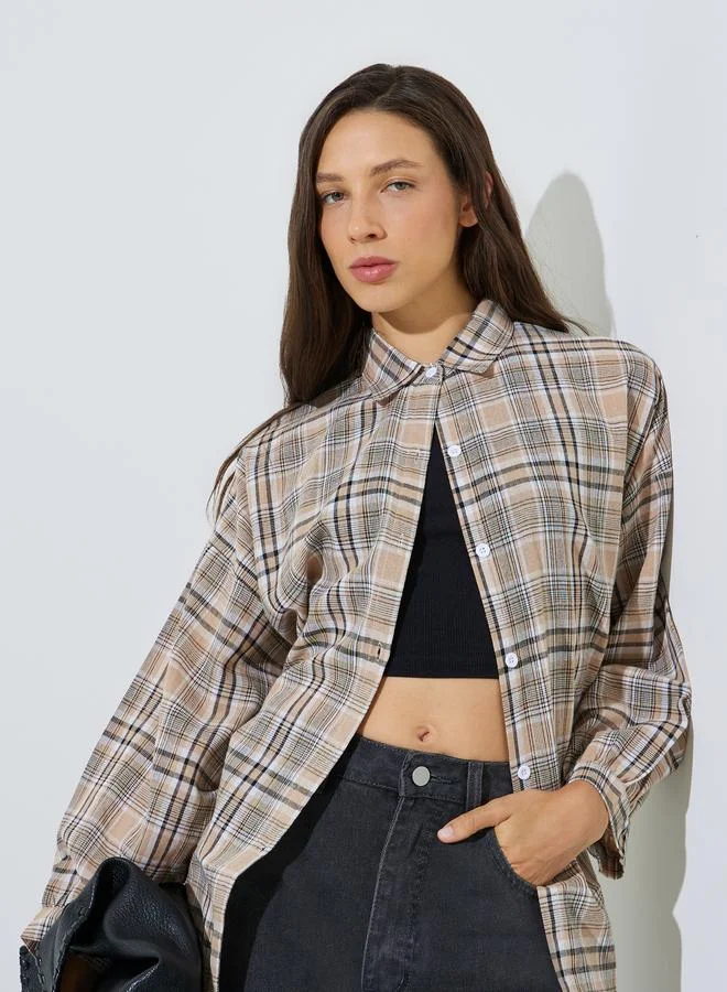 ستايلي Brown Plaid Oversized Long Sleeve Shirt