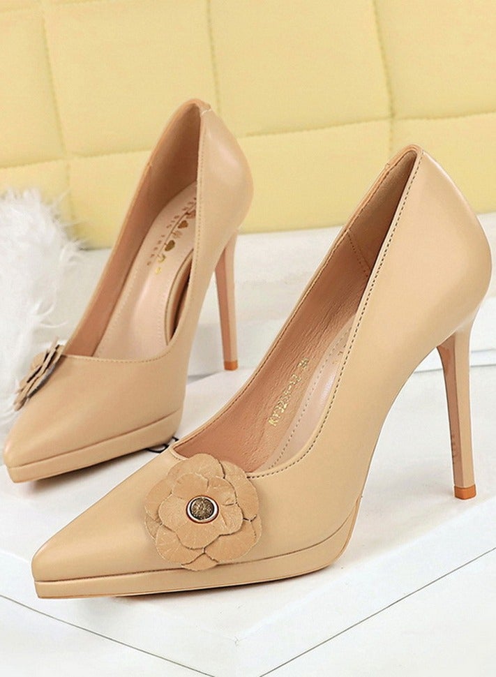 BIGTREE Women's Floral Decoration Party Stiletto Pumps Pointed Closed Toe High Heels Apricot 11CM - Image 1
