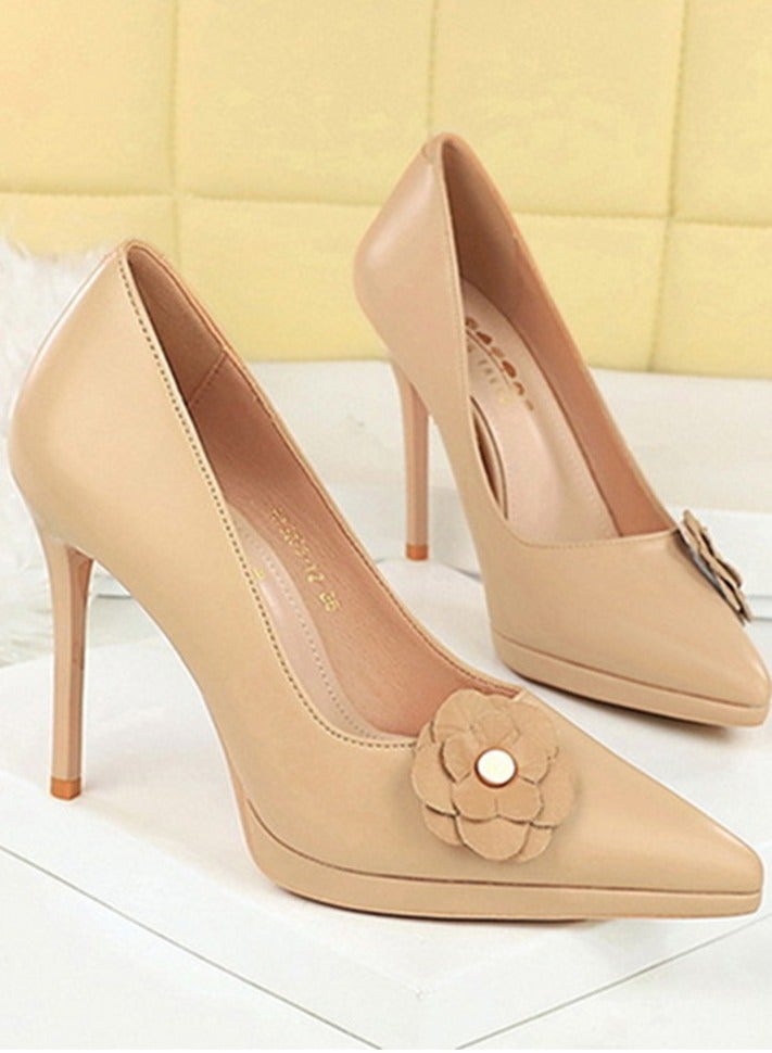 BIGTREE Women's Floral Decoration Party Stiletto Pumps Pointed Closed Toe High Heels Apricot 11CM - Image 2