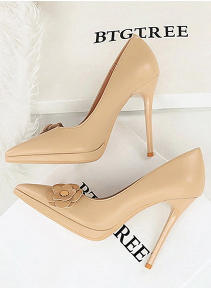 BIGTREE Women's Floral Decoration Party Stiletto Pumps Pointed Closed Toe High Heels Apricot 11CM - Image 3