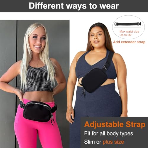 Fependu 2 Way Zipper Mini Belt Bag for Women, RFID Small Fanny Pack, Womens Fashion Waist Packs Purse with Extender Strap, Nylon Men Crossbody Bum Bags with Key Hook for Traveling Running, Black - Image 2