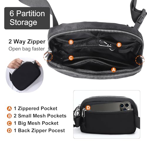 Fependu 2 Way Zipper Mini Belt Bag for Women, RFID Small Fanny Pack, Womens Fashion Waist Packs Purse with Extender Strap, Nylon Men Crossbody Bum Bags with Key Hook for Traveling Running, Black - Image 4