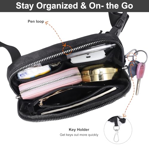 Fependu 2 Way Zipper Mini Belt Bag for Women, RFID Small Fanny Pack, Womens Fashion Waist Packs Purse with Extender Strap, Nylon Men Crossbody Bum Bags with Key Hook for Traveling Running, Black - Image 5