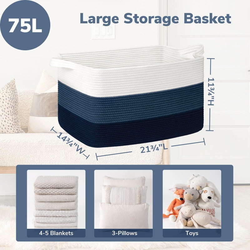 Goodpick Storaget Basket, 21.6" x 14.9" x 11.8", Toy Storage Baskets for Bedroom, Large Baskets for Organizing, Rectangle Woven Rope Basket for Blanket Storage, Blue - Image 3