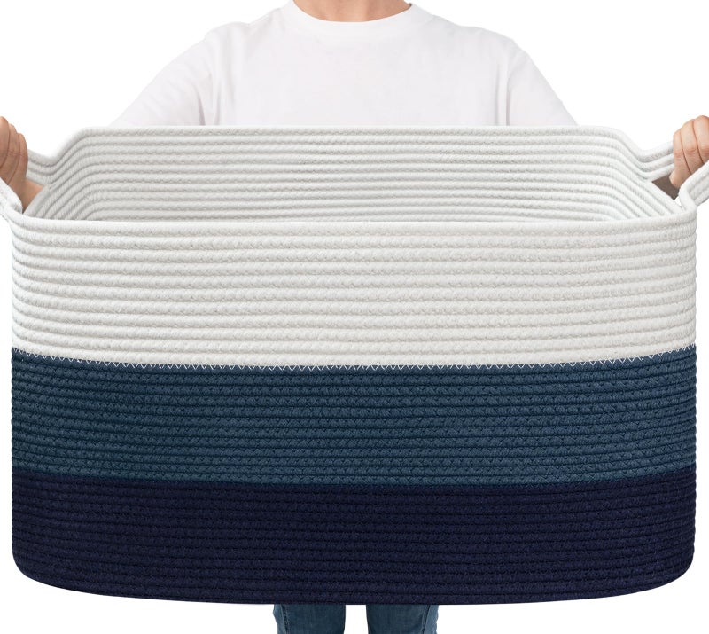 Goodpick Storaget Basket, 21.6" x 14.9" x 11.8", Toy Storage Baskets for Bedroom, Large Baskets for Organizing, Rectangle Woven Rope Basket for Blanket Storage, Blue - Image 1