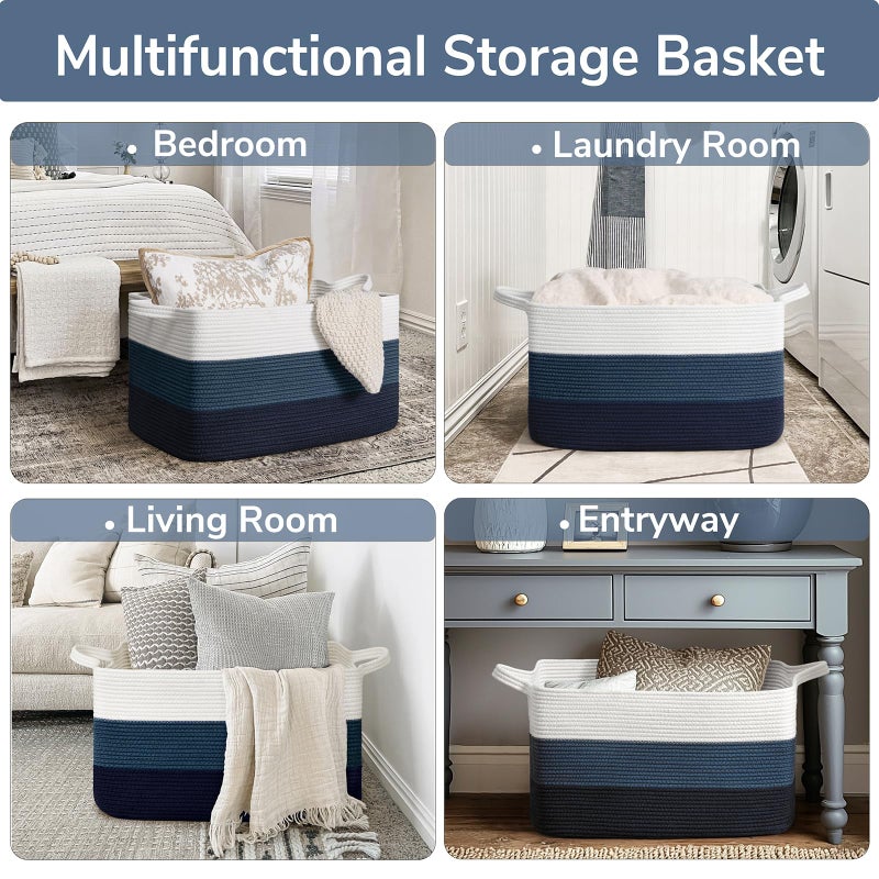 Goodpick Storaget Basket, 21.6" x 14.9" x 11.8", Toy Storage Baskets for Bedroom, Large Baskets for Organizing, Rectangle Woven Rope Basket for Blanket Storage, Blue - Image 4