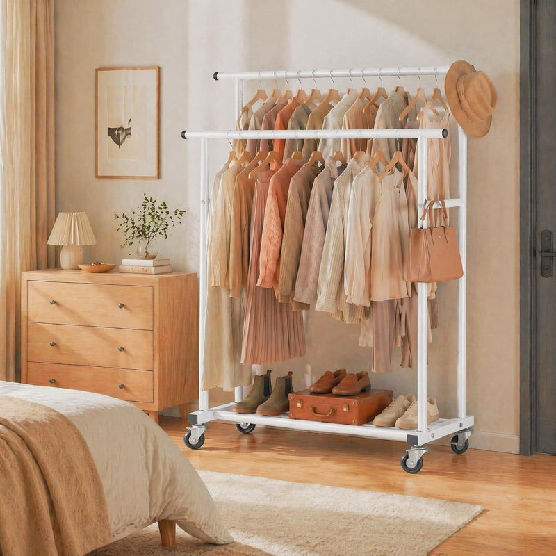 Calmootey Double Rod Clothing Garment Rack,Rolling Hanging Clothes Rack,Portable Clothes Organizer for Bedroom,Living Room,Clothing Store,White - Image 5