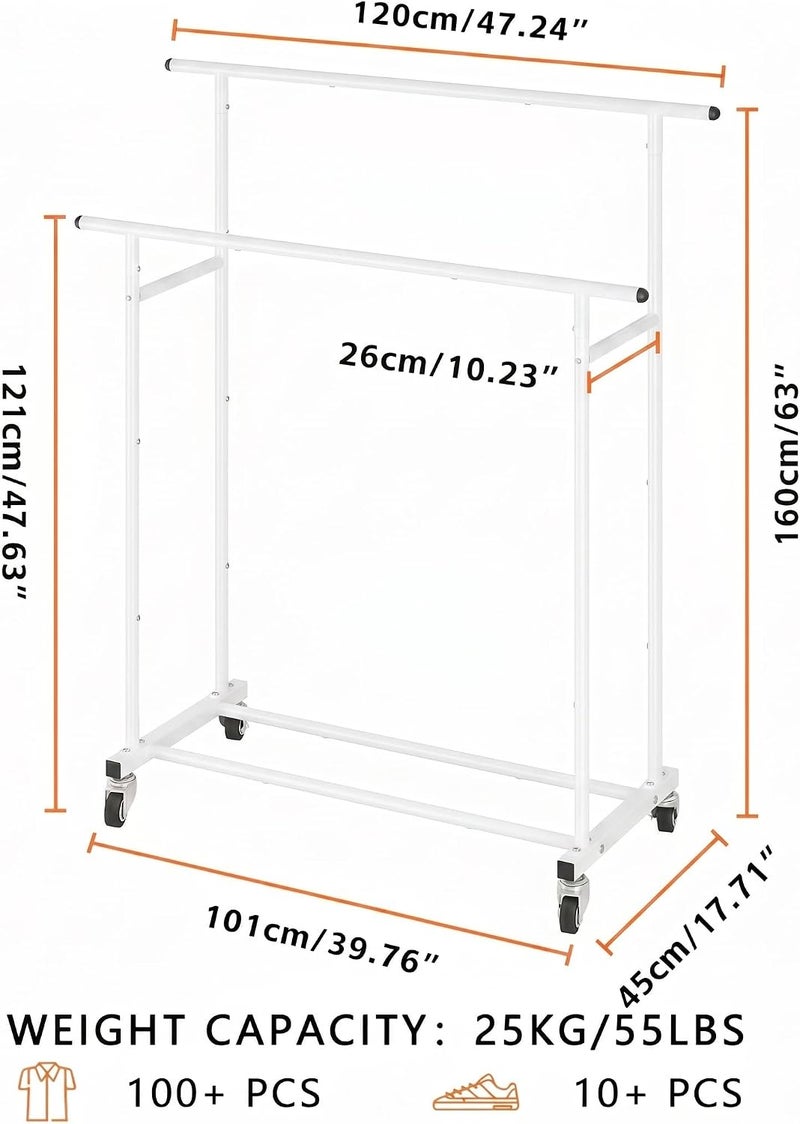 Calmootey Double Rod Clothing Garment Rack,Rolling Hanging Clothes Rack,Portable Clothes Organizer for Bedroom,Living Room,Clothing Store,White - Image 3