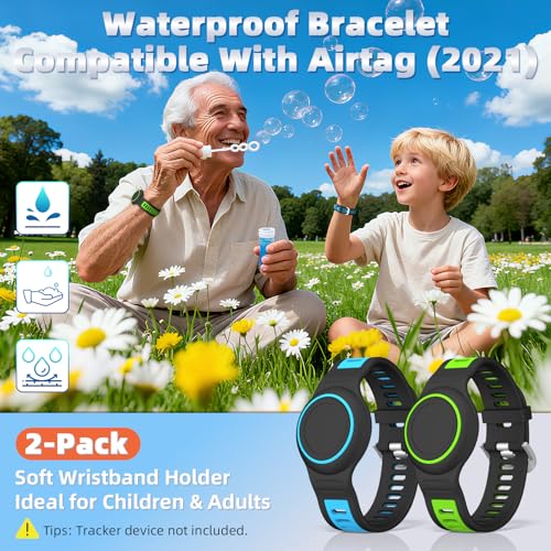 BIQIRE [2-Pack] Waterproof Bracelet for AirTag 2nd Gen (2026) & 1st Gen, Silicone Airtag Wristband Holder Full Coverage Protective Cover Hidden Air Tag Holder for Kids Child Elderly (Blue+Green) - Image 2