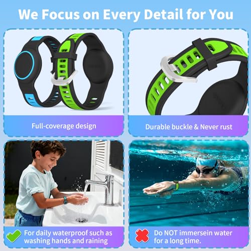 BIQIRE [2-Pack] Waterproof Bracelet for AirTag 2nd Gen (2026) & 1st Gen, Silicone Airtag Wristband Holder Full Coverage Protective Cover Hidden Air Tag Holder for Kids Child Elderly (Blue+Green) - Image 4