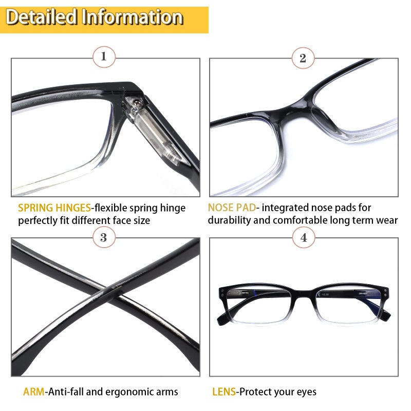 Kerecsen 4 Pack Reading Glasses for Men and Women with Spring Hinges, Lightweight Black Rectangular Readers Eyeglasses (4 Pack Black/Clear, 3.0, x) - Image 3
