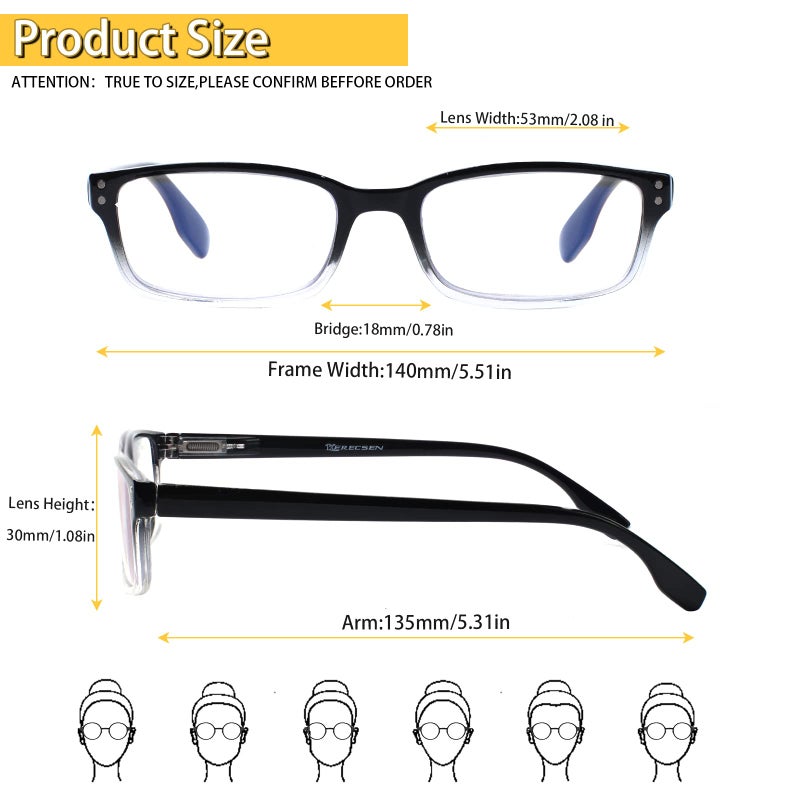 Kerecsen 4 Pack Reading Glasses for Men and Women with Spring Hinges, Lightweight Black Rectangular Readers Eyeglasses (4 Pack Black/Clear, 3.0, x) - Image 2