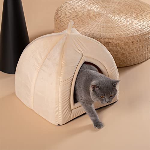 KASENTEX Cat Bed for Indoor Cats 2in1 Cat House Pet Supplies for Large Cat or Small Dog Animal Cave Cat Tent with Removable Washable Pillow Cushion Camel 19x19x19