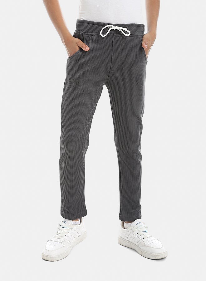 Andora Self Patterened Dark Grey Elastic Waist Casual Pants-Gray - Image 1