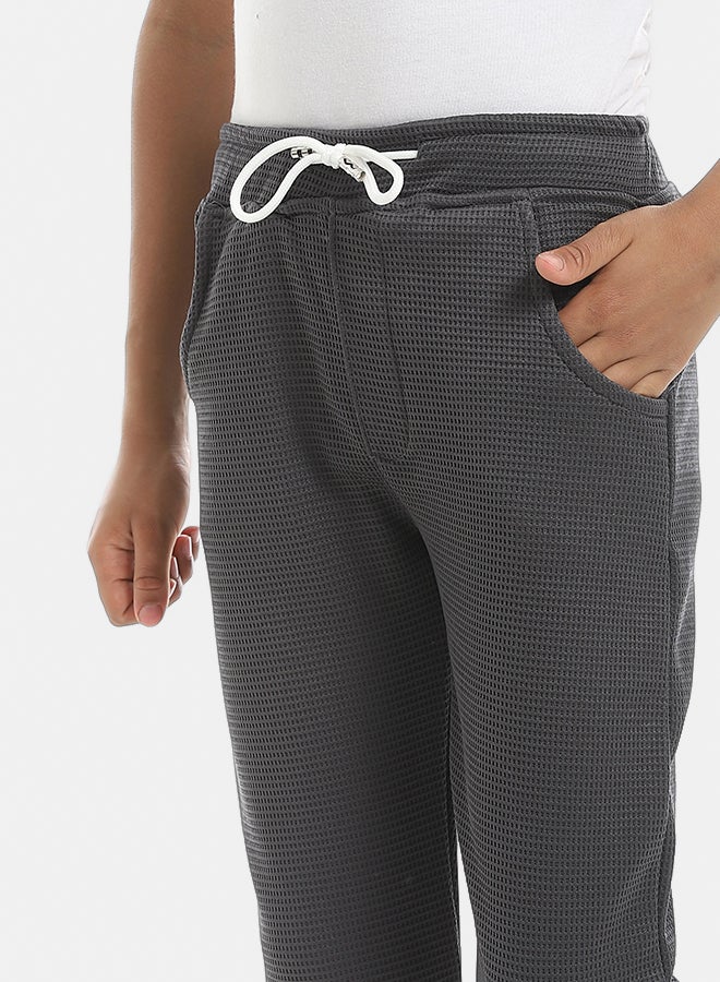 Andora Self Patterened Dark Grey Elastic Waist Casual Pants-Gray - Image 3