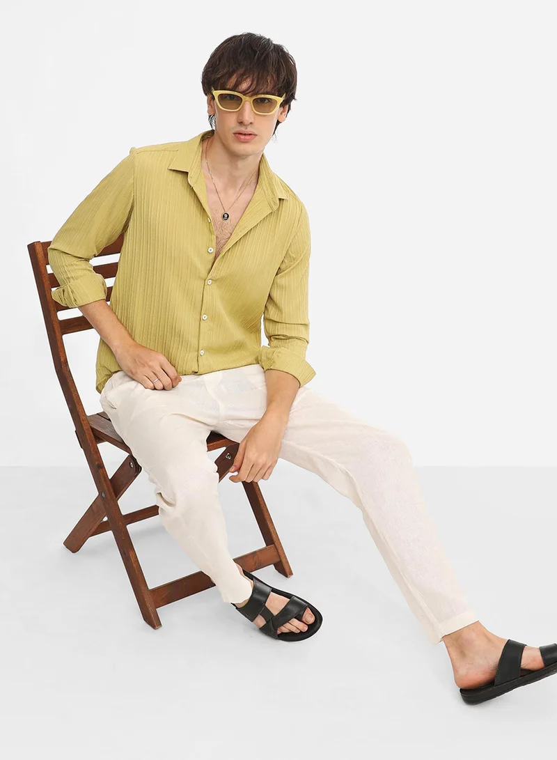 كامبوس سوترا Men's Naples Yellow Self-Design Striped Shirt