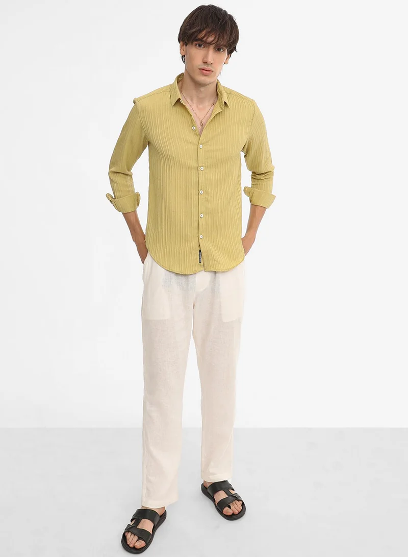 كامبوس سوترا Men's Naples Yellow Self-Design Striped Shirt