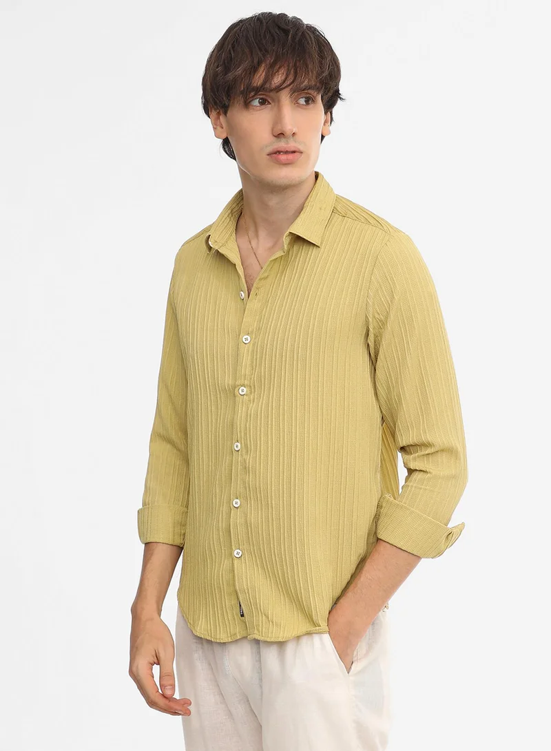 كامبوس سوترا Men's Naples Yellow Self-Design Striped Shirt