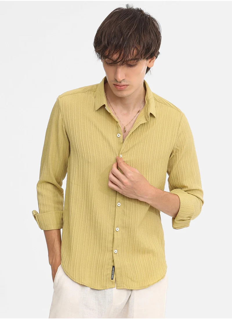 Campus Sutra Men's Naples Yellow Self-Design Striped Shirt