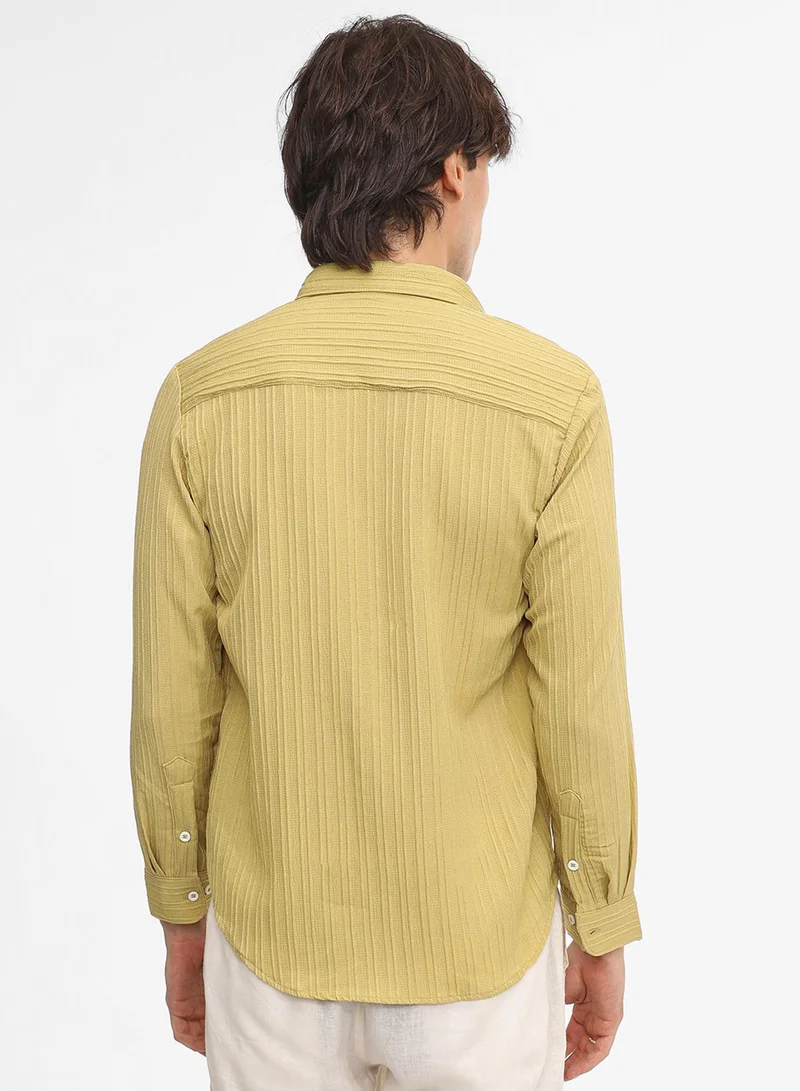 كامبوس سوترا Men's Naples Yellow Self-Design Striped Shirt