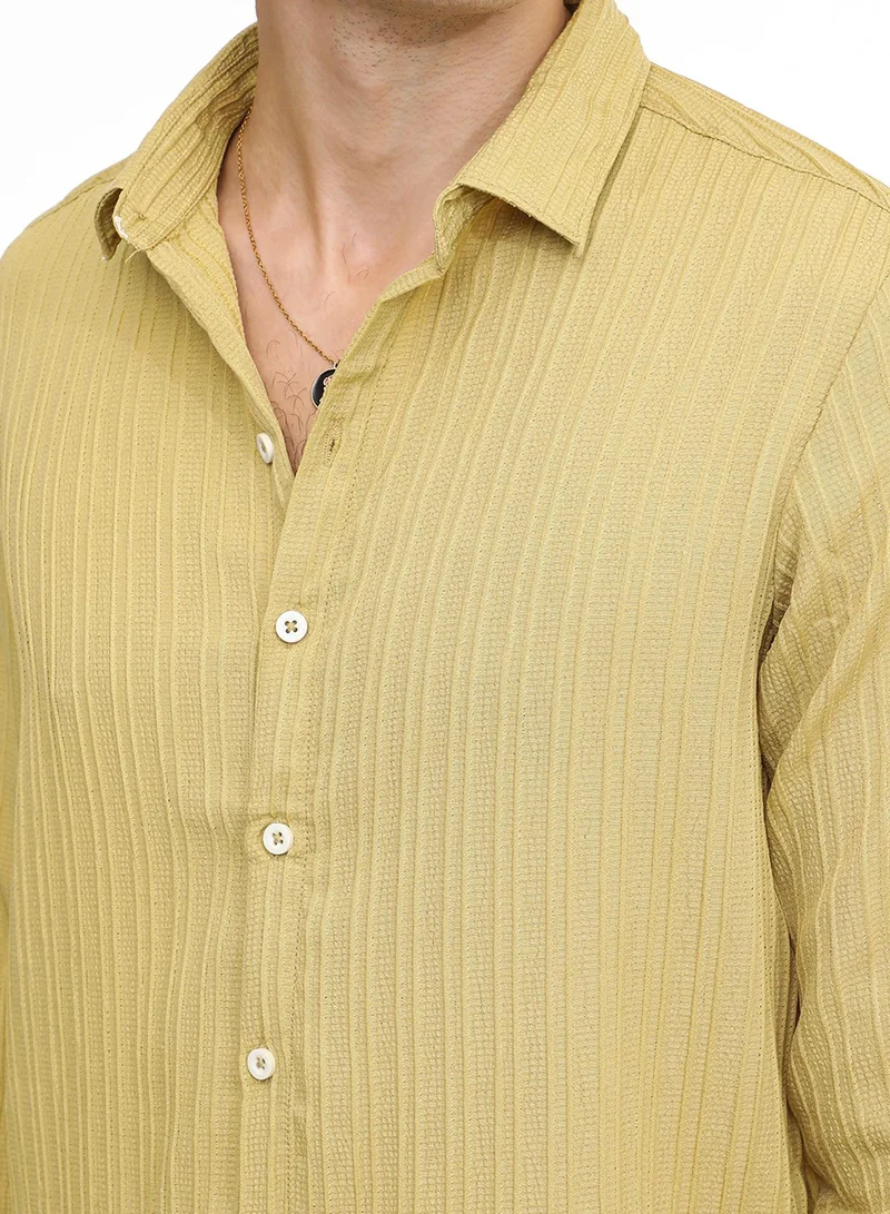 كامبوس سوترا Men's Naples Yellow Self-Design Striped Shirt