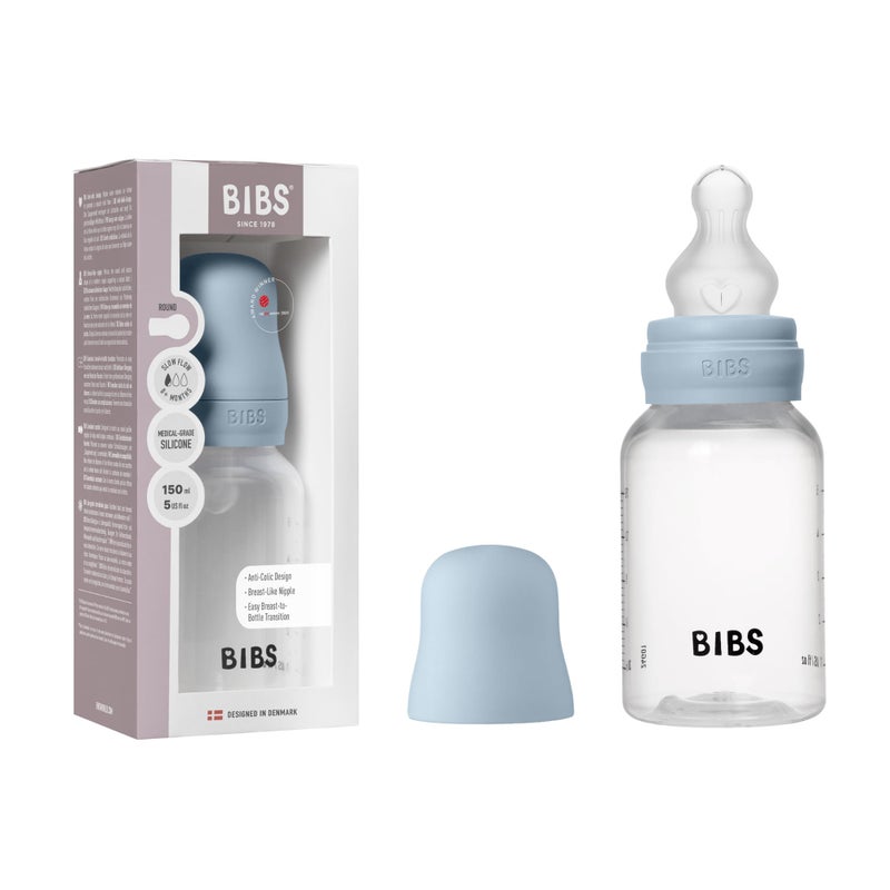BIBS Baby Bottle 5 oz / 150 ml Silicone Nipple - Anti-Colic, BPA-Free, Round Nipple, Slow Flow, Lightweight & Easy to Clean, Suitable for Newborns 0+ Years - Baby Blue - Image 1