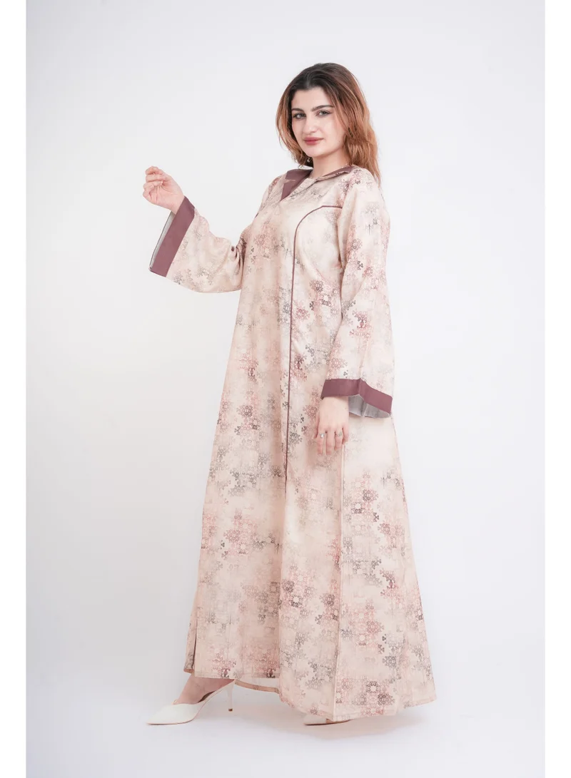 IKKXA Elegant Patterns Collared Jalabiya IN1099 Beige
