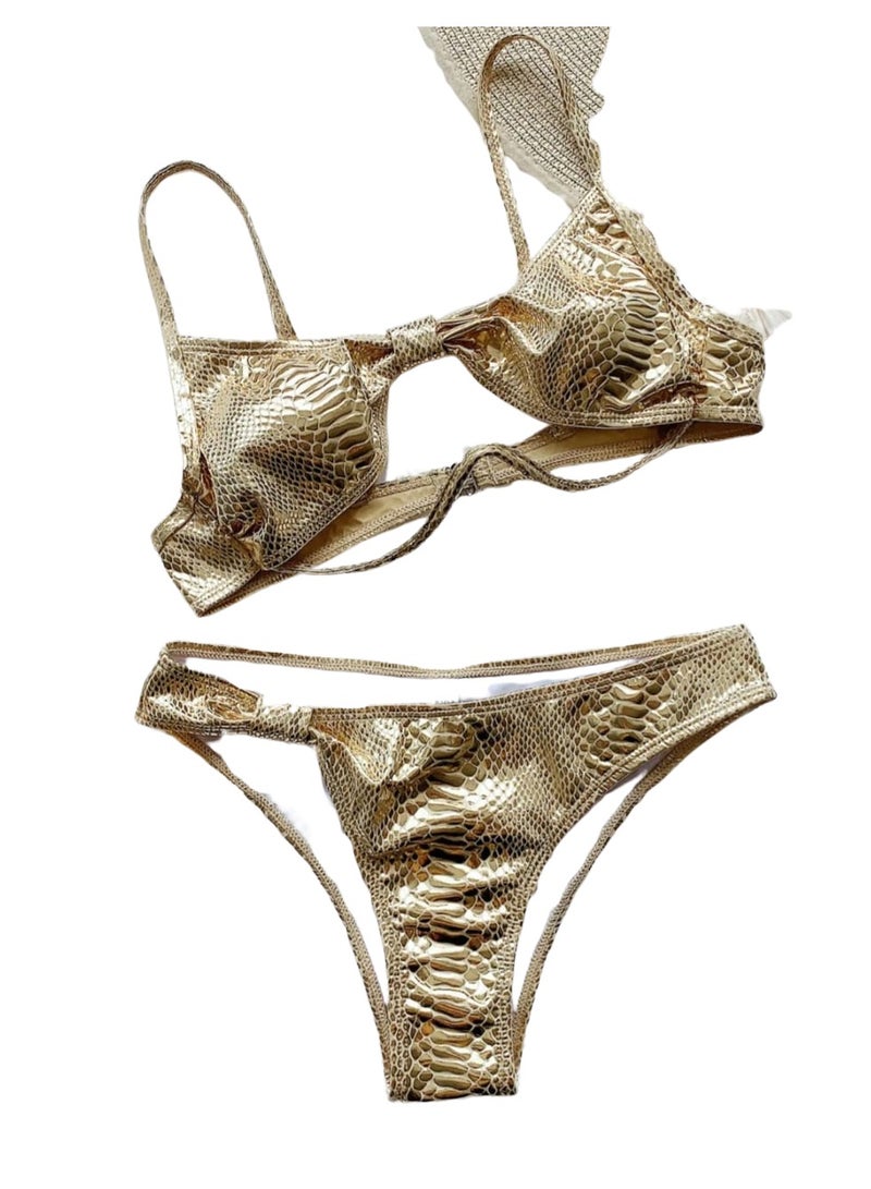 Dee trimmer Metallic Snakeskin Print Bikini Set for Women | Trendy Bathing Suit with Chain Details | Stylish Swimsuit for Festivals, Beach, and Pool