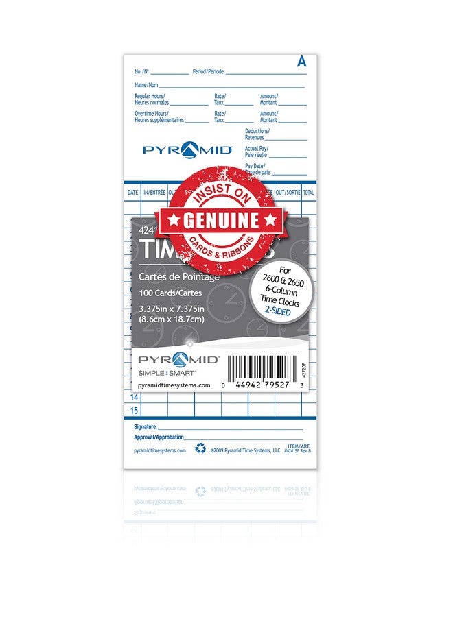 بيراميد تايم سيستمس أنظمة الزمن الهرمية 42415F الإنجليزية والفرنسية بطاقات الوقت الأصلية والأصيلة لأنظمة الزمن الهرمية موديلات 2600 و2650 ساعة، حزمة من 100 بطاقة وقت - Image 1