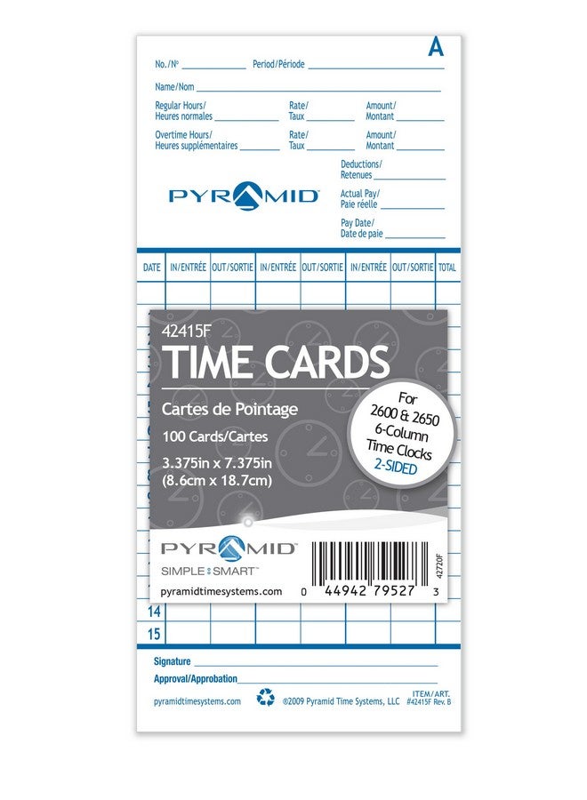 بيراميد تايم سيستمس أنظمة الزمن الهرمية 42415F الإنجليزية والفرنسية بطاقات الوقت الأصلية والأصيلة لأنظمة الزمن الهرمية موديلات 2600 و2650 ساعة، حزمة من 100 بطاقة وقت - Image 3