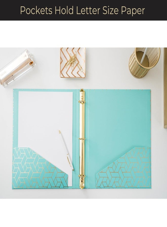 BLU MONACO Aqua 3-Ring Binders Set of 2 | Decorative 1-Inch Binder with Gold Foil Woven Cover, Easy Open Clips and Pockets | Cute Letter-Size Notebook Binder for School, College or Office - Image 4