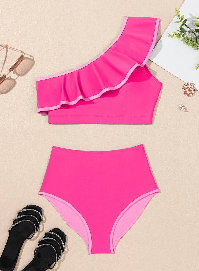 Herseas Women's One Shoulder Bikini Sets Ruffle Hem Swimsuits Padded Free Wire Bathing Suits Hot Pink Beachwear Large - Image 4
