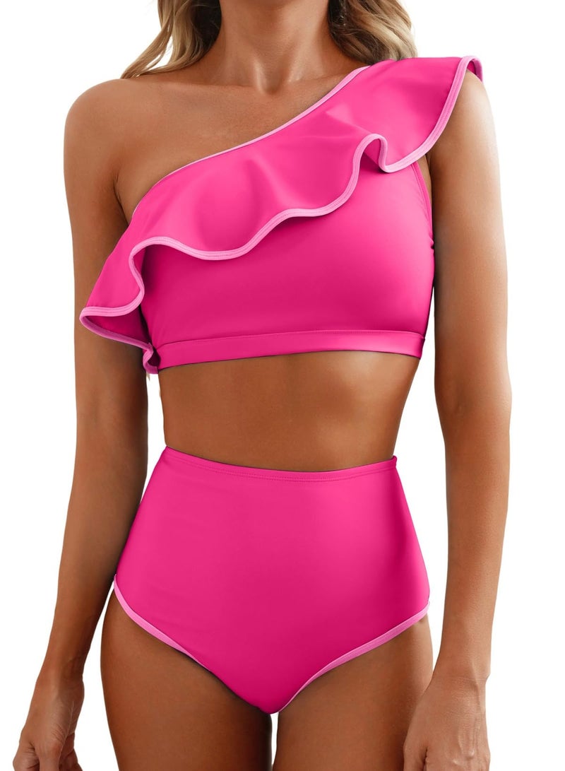 Herseas Women's One Shoulder Bikini Sets Ruffle Hem Swimsuits Padded Free Wire Bathing Suits Hot Pink Beachwear Large - Image 1