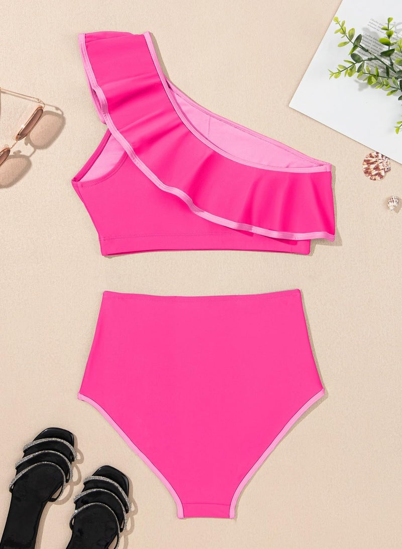 Herseas Women's One Shoulder Bikini Sets Ruffle Hem Swimsuits Padded Free Wire Bathing Suits Hot Pink Beachwear Large - Image 5