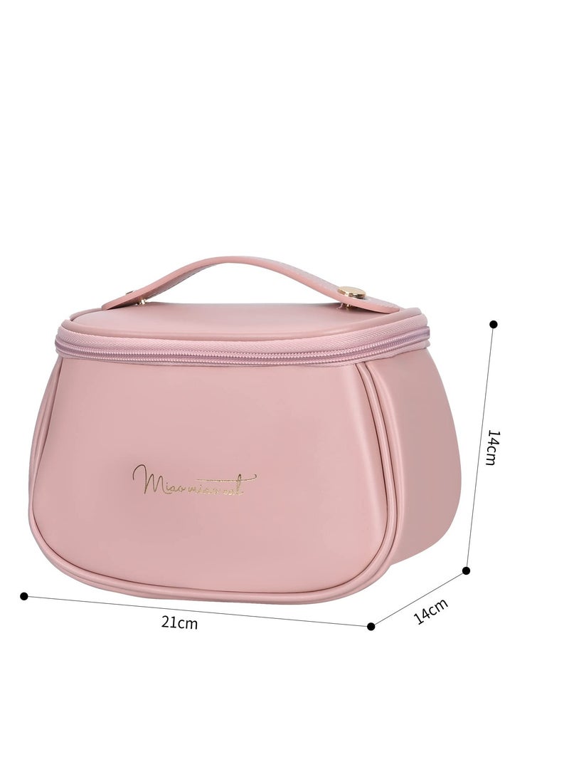 Excefore PU Cosmetic Bag, Large Capacity Travel Cosmetic Bag, Artist Makeup Travel Case, Waterproof Portable PU Makeup Organizer Bag with Handle Toiletry Bag Gifts for Girls Women (Pink) - Image 2