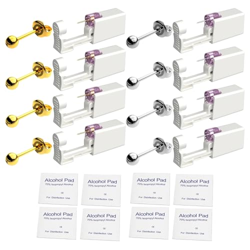 YINPAD Ear Piercing Kit, Disposable Ear Piercing Tool, Ear Piercing Gun, DIY Piercing Kit, Includes 8 Piercers with Built-in Fashion Studs, 8 Cleaning Pads(4 golden 4 silvery, peas) - Image 1